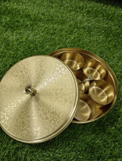 brass carved round spice box with 7 containers and 1 spoon perfect for kitchen,